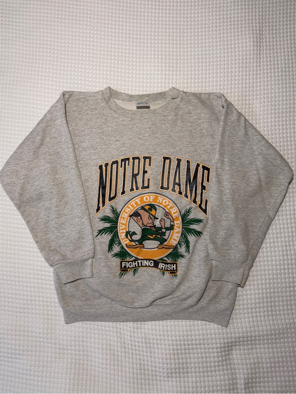 Tultex Grey Sweatshirt with Green and Gold Notre Dame Crest